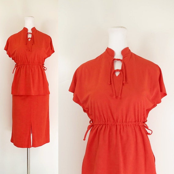 70s dress 2-piece ultrasuede outfit / orange red … - image 1