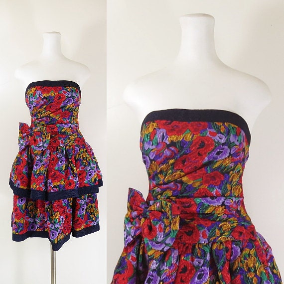 vintage 80s strapless dress / 80s red floral cockt