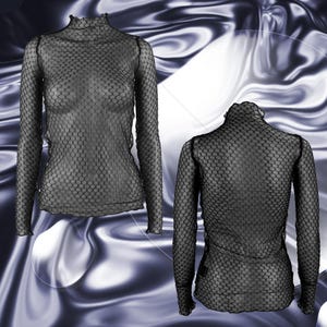 May include: Black long-sleeve top with a high, ruffled neckline and a fishnet pattern. The top is see-through and has a fitted silhouette. The image shows the front and back of the top.