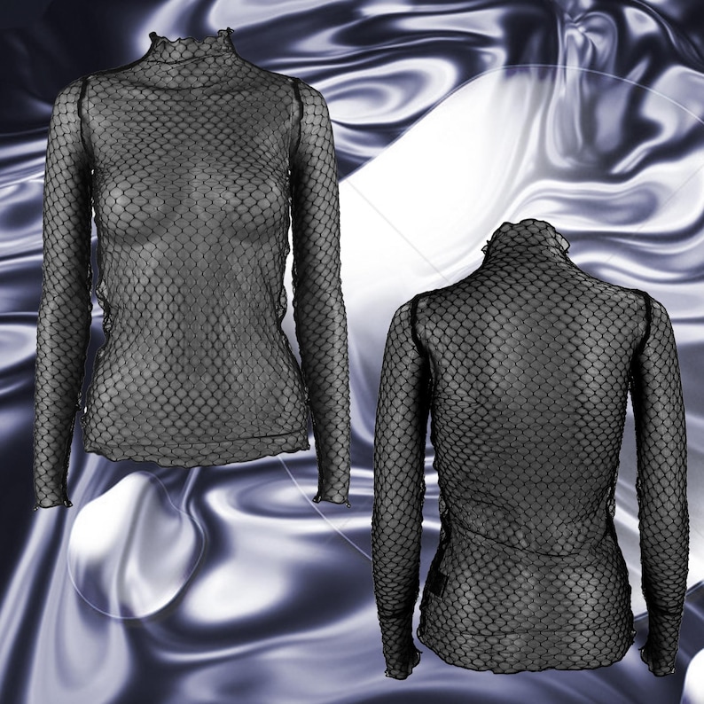 May include: Black long-sleeve top with a high, ruffled neckline and a fishnet pattern. The top is see-through and has a fitted silhouette. The image shows the front and back of the top.