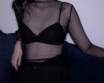 Transparent Mesh Top Black – Gothic Streetwear See Through Shirt, Long Sleeve Layering Top, Rave & Festival Outfit, Unisex Sheer Turtleneck