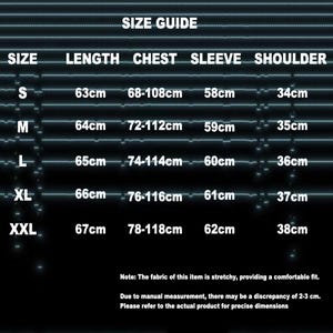 May include: A size guide for clothing, with measurements in centimeters. The guide includes sizes S, M, L, XL, and XXL, detailing length, chest, sleeve, and shoulder dimensions. The text also notes the fabric is stretchy and may have a 2-3 cm discrepancy.