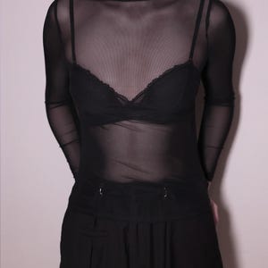 Transparent Mesh Top with Turtleneck – Black Sheer Long Sleeve Shirt, Layering Top, See Through Blouse, Unisex Rave Outfit, Daily Streetwear