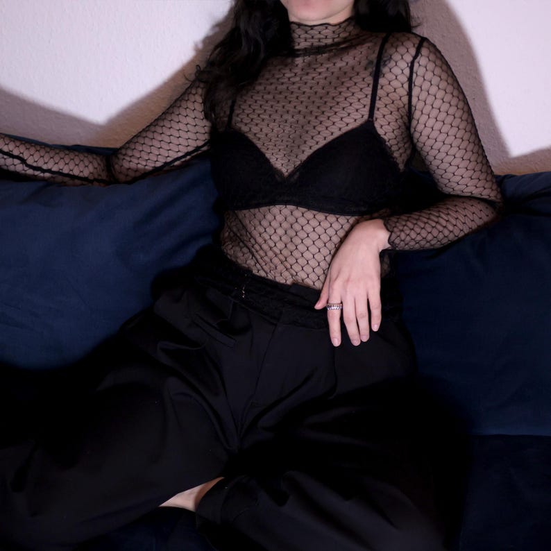 Transparent Mesh Top Black – Gothic Streetwear See Through Shirt, Long Sleeve Layering Top, Rave & Festival Outfit, Unisex Sheer Turtleneck image 6