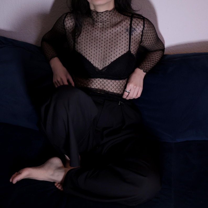 Transparent Mesh Top Black – Gothic Streetwear See Through Shirt, Long Sleeve Layering Top, Rave & Festival Outfit, Unisex Sheer Turtleneck image 3