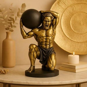Atlas Statue Titan Sculpture | Mythological Home Decor | Gold Finish Strength Symbol | Unique Office Accent | Greek Mythology Gift Idea