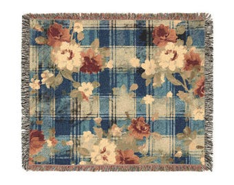 Geweven deken met bloemen: 100% katoenen plaid, boho woondecoratie