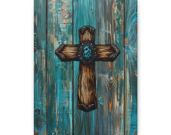 Rustic Cross Canvas Wall Art: Turquoise Country Home Decor