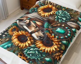 Horse and Sunflower Velveteen Plush Blanket: Cozy Ranch Decor (50x60)