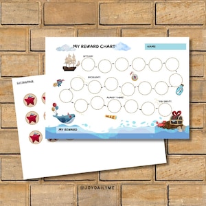 May include: A nautical-themed reward chart featuring a sailing ship, a whale with balloons, a treasure chest, and a crab. The chart includes a path of circular spaces with text reading MY REWARD CHART, NAME, LETS GO, EXCELLENT, ALMOST THERE, YOU DID IT, and MY REWARD.