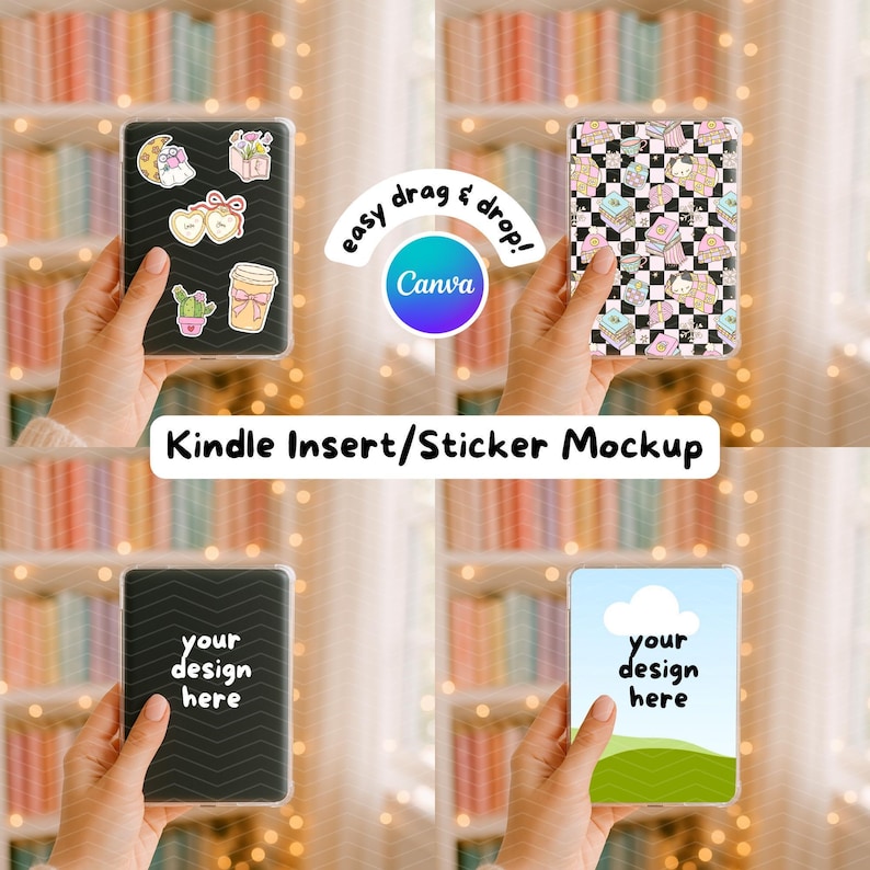 Kindle Insert Mockup Canva Template | Kindle Sticker Mockup | E-Reader Clear Case | Hand Holding Scene Ebook Cover | Bookish Label for Etsy image 1