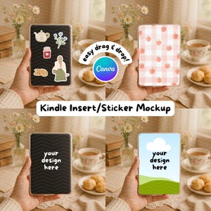Szablon Canva z wstawką do Kindle'a | Makieta naklejki na Kindle | Przezroczyste etui na czytnik e-booków | Okładka e-booka ze sceną trzymania dłoni | Etykieta książkowa dla Etsy
