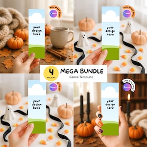 Könnte beinhalten: Ein Mockup-Bundle von vier Lesezeichen-Designs mit einem Himmel- und Gras-Thema, jedes mit dem Text "your design here". Das Bild enthält Kürbisse, Candy Corn und Geisterfiguren, mit dem Text "4 MEGA BUNDLE Canva Template."