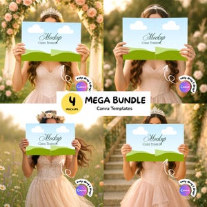 May include: Four images of people holding mock-up templates with a blue sky, green hills, and cloud design. The templates have the word "Mockup" and "Canva Template" on them. The images are surrounded by flowers and greenery, with the text "4 MEGA BUNDLE Canva Templates".