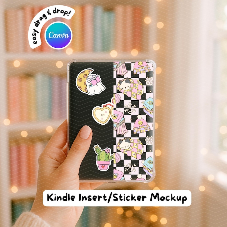 Kindle Insert Mockup Canva Template | Kindle Sticker Mockup | E-Reader Clear Case | Hand Holding Scene Ebook Cover | Bookish Label for Etsy image 2