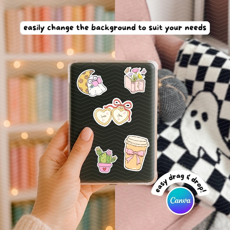 Kindle Insert Mockup Canva Template | Kindle Sticker Mockup | E-Reader Clear Case | Hand Holding Scene Ebook Cover | Bookish Label for Etsy image 3