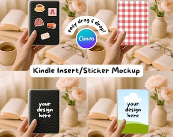 Kindle Insert Mockup Canva Template | Kindle Sticker Mockup | E-Reader Clear Case | Hand Holding Scene Ebook Cover | Bookish Label for Etsy