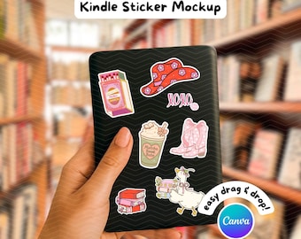 Kindle Sticker Mockup Canva Template, Hand Holding E-Reader Layout, Drag and Drop with Video Instructions, Editable Mockup for Etsy Sellers