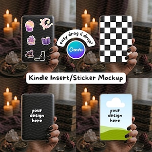 Plantilla de Canva para maqueta de Kindle / Maqueta de calcomanía para Kindle / Funda transparente para lector electrónico / Portada para libro electrónico con escena de mano sosteniendo / Etiqueta de libro para Etsy