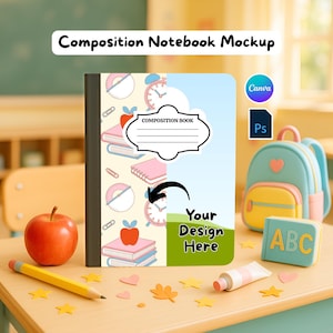 Composition Notebook Mockup, Editable Canva Template for Back to School, Photoshop Digital Files, Custom Canva Design with Video Instruction