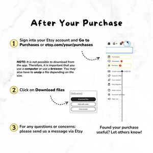 The image is a step-by-step guide on how to download a purchase from an app, specifically from Etsy. It provides instructions on how to sign into the app, click on the Download files button, and send a message to ask for assistance. The image also includes a note that it is not possible to download from the app and that you may need to unzip a file depending on the size.