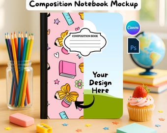 Composition Notebook Mockup, Editable Canva Template for Back to School, Photoshop Digital Files, Custom Canva Design with Video Instruction
