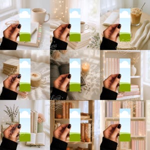 Op de afbeelding: Een verzameling bladwijzers met een landschapsontwerp met een blauwe lucht, een witte wolk en een groen veld. De bladwijzers worden vastgehouden in een hand met zwarte nagellak. De tekst "Luca + Wonders" is zichtbaar.