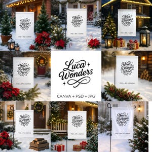 May include: White garden flags with the text "Your Design Here" are displayed outdoors in a snowy setting. The flags are on black metal stands, surrounded by Christmas decorations, lights, and greenery. The flags are labeled "PSD + JPG + CANVA".