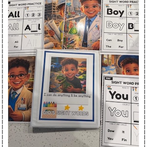 May include: A collection of educational sight word practice sheets and a binder with the text "Gio's Sight Words." The sheets feature the words "All," "Boy," and "You," with activities like tracing and coloring. The binder has the text "I can do anything & be anything."