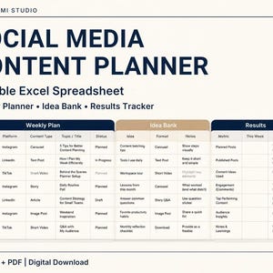 May include: A digital social media content planner spreadsheet titled Ordelumi Studio. The layout includes three main sections: Weekly Plan, Idea Bank, and Results, featuring columns for day, platform, content type, topic, status, format, notes, and metrics.