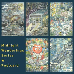 Midnight Wanderings Series 2 | Cartão postal de menino | Cartão postal | Gato | Fantasia | Original | Impressão de arte l Cartão postal fofo