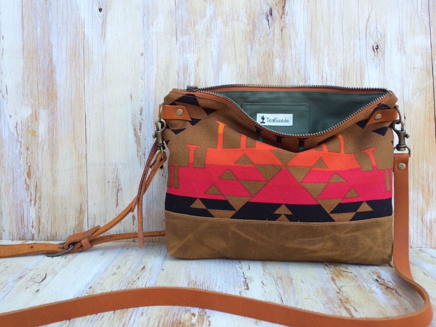 Southwest Tribal Crossbody Bag/ Waxed Canvas/ Genuine Leather