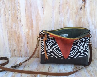 RESERVED FOR RACHEL- Geometric Crossbody Bag/ Waxed Canvas/ Linen/ Genuine Leather