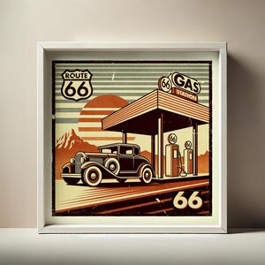 Vintage Route 66 Wall Art Set – Texas Road, Gas Station, Longhorn Bull ...
