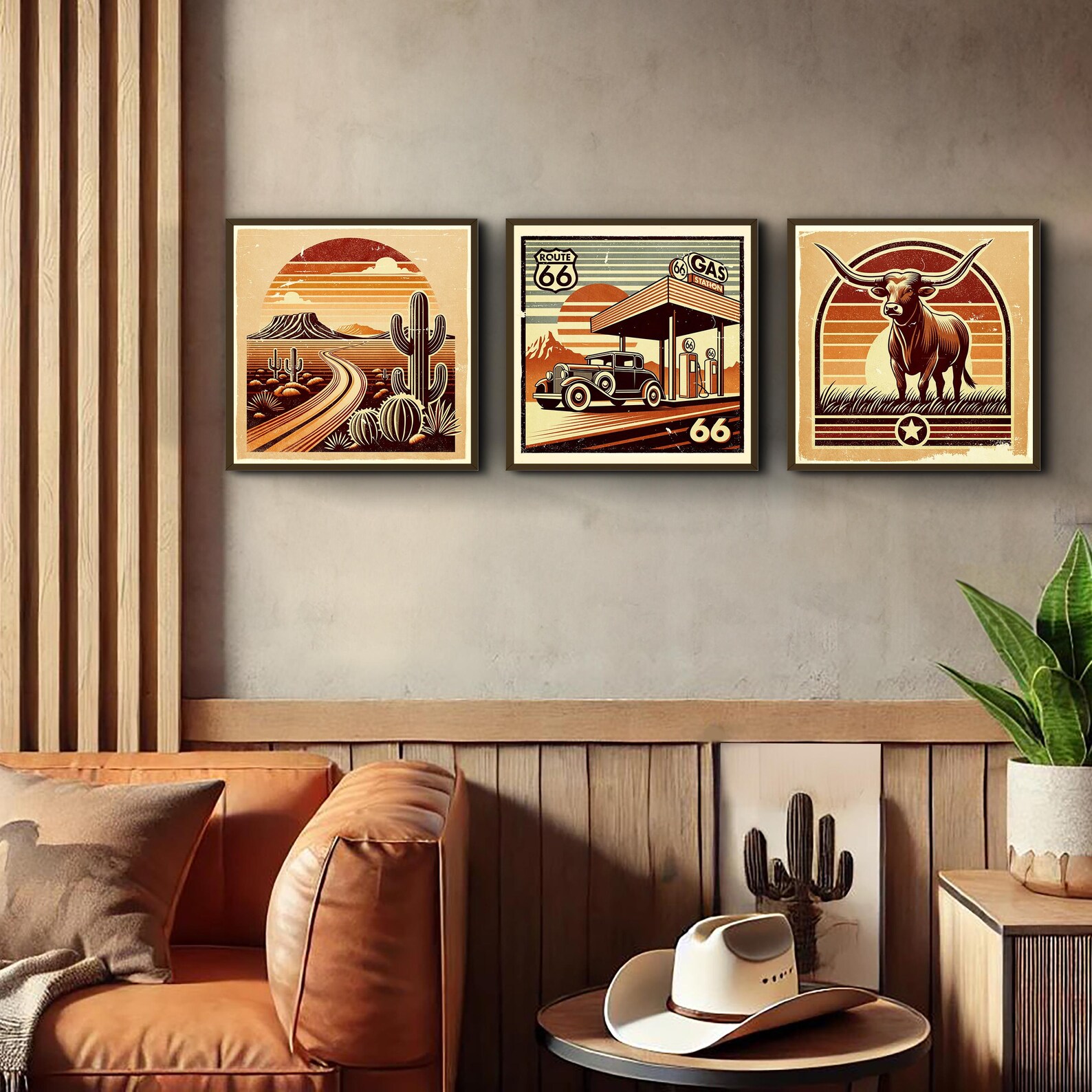 Vintage Route 66 Wall Art Set – Texas Road, Gas Station, Longhorn Bull ...