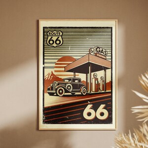 Vintage Route 66 Poster - Retro Travel Wall Art - Classic Car Illustration - Digital Download Printable