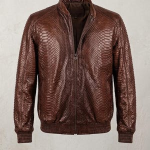 Real Python Snakeskin Leather Jacket | Men Brown Leather Bomber Jacket | Stand Collar Biker Jacket | Custom Exotic Leather Outerwear