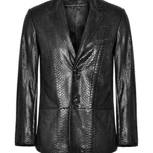 Men's Black Python Embossed Cowhide Leather Blazer Single Breasted Suit Jacket