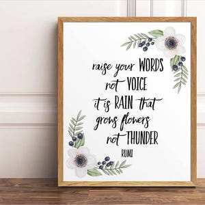 Rumi Quote Art, Printable Wall Art, Rumi Print, Rumi Wall Art, Raise Your Words Not Your Voice, Positive Quotes, Inspirational Quote Print
