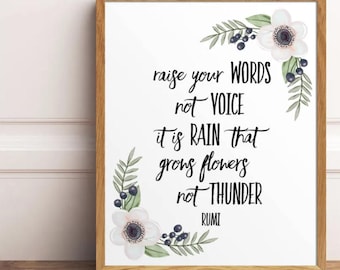 Rumi Quote Art Print, Raise Your Words, Inspirational Wall Decor (Digital Download)