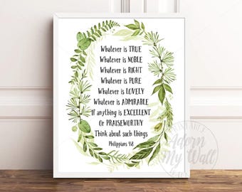 Philippians 4:8 Scripture Print, Christian Wall Art (Digital Download)