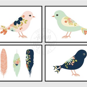 Birds Printable, Feathers Print, Nursery Wall Art, Tribal Bird, Bird Print Set, 5x7, Set Of 4, Bird Nursery Decor, Feather Printable Art