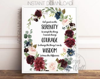 Serenity Prayer Floral Print, Inspirational Wall Art (Digital Download)
