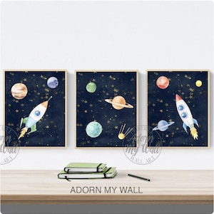 Space Theme Print Set For Boys Room, Printable Wall Art, Set Of 3, Outer Space Nursery Prints, Kids Bedroom Decor, Rockets, Planets, Stars