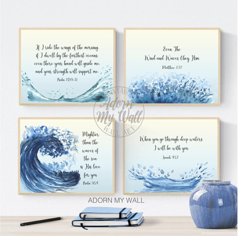 Christian Wall Art Set, Ocean Prints, Nautical Wall Decor, Scripture ...