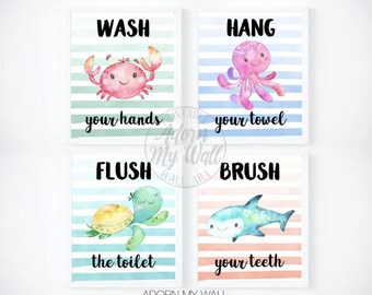 Kids Bathroom Prints, Kids Bathroom Wall Art, Printable, Kids Bathroom Wall Decor, Set of 4 Prints, Kids Bathroom Sign, Sea Creatures, Ocean