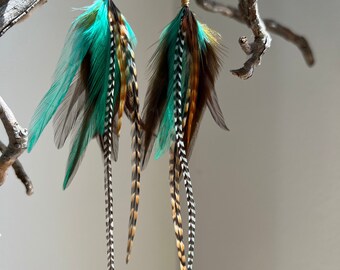 Earth Spirit - Feather Earrings - with Turquoise,  Black and White Striped Feathers