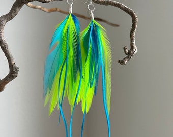 Neon Mermaid  - Blue and Chartreuse Feather Earrings