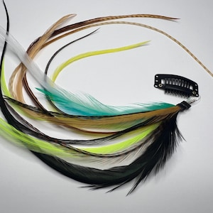13” Feather Hair Extension Clip | Long Hair Feathers | Neon Green, Blue, Grizzly, Orange, Yellow, Brown, Black, White | Hair Feathers