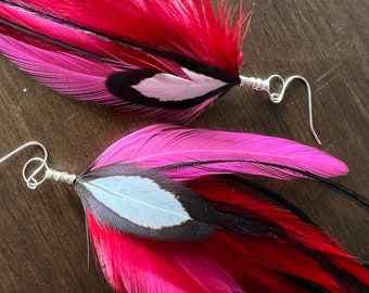 Be My Valentine - Red and Pink - Asymmetric Feather Earrings